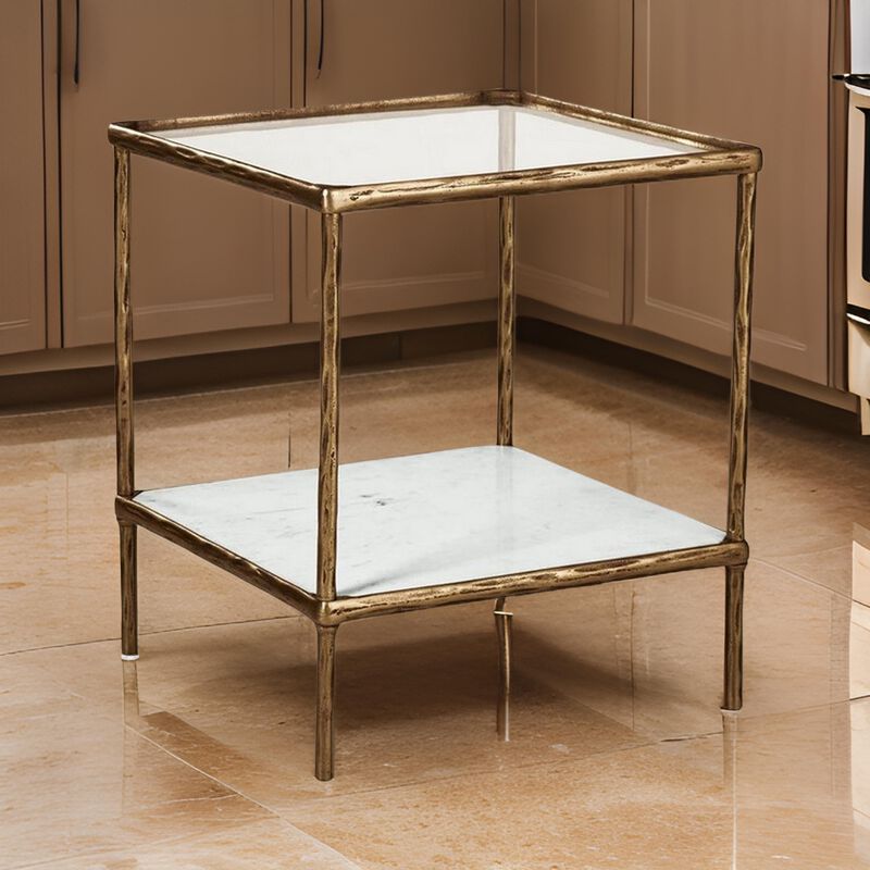 Dalie 25 Inch Accent Table, Square Glass Tabletop, Marble, Antique Gold - Benzara
