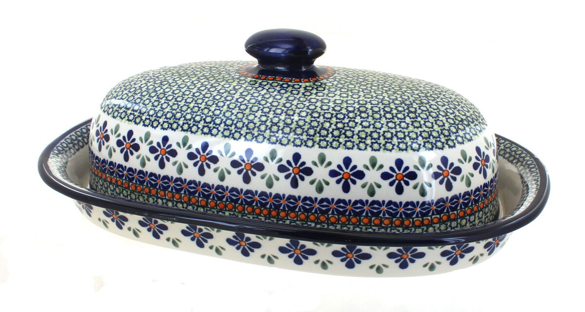Blue Rose Polish Pottery Seaside Swirl Bread Container