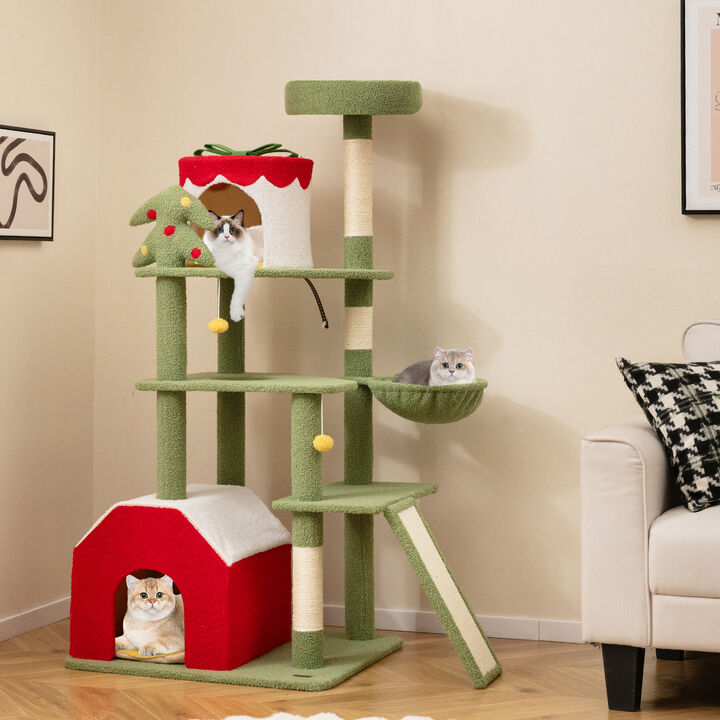 Cute Christmas Cat Tree with Sisal Scratching Posts and 2 Condos
