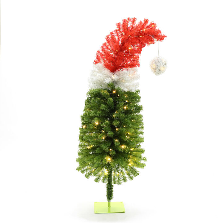 LuxenHome 5Ft Pre-Lit Artificial Tree with Santa Hat Treetop
