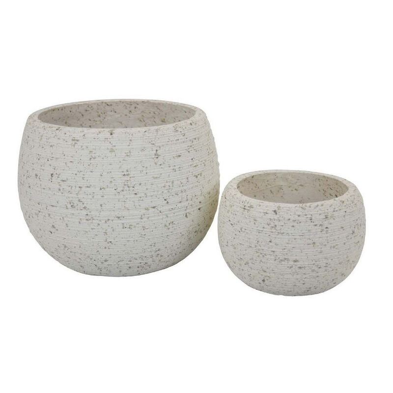 Line 10 Inch Planter Set of 2, Round Shaped Resin Body, Textured White - Benzara