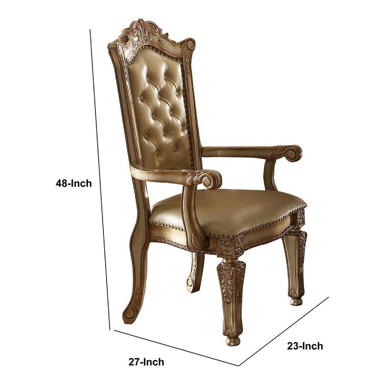 27 Inch Wood Dining Side Chair, Faux Leather, Set of 2, Gold-Benzara
