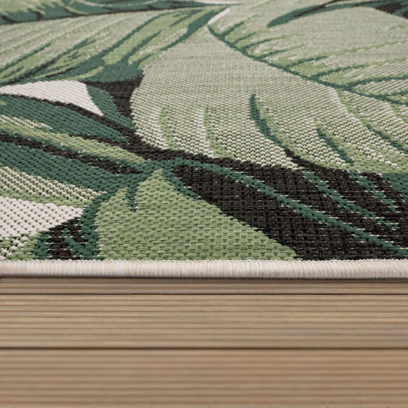 Green Beige Outdoor Rug with Tropical Palm Leaf Design for Patio