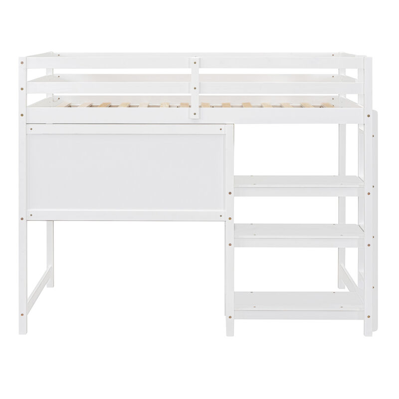 Twin Size Wooden Loft Bed With Shelves, Desk And Writing Board