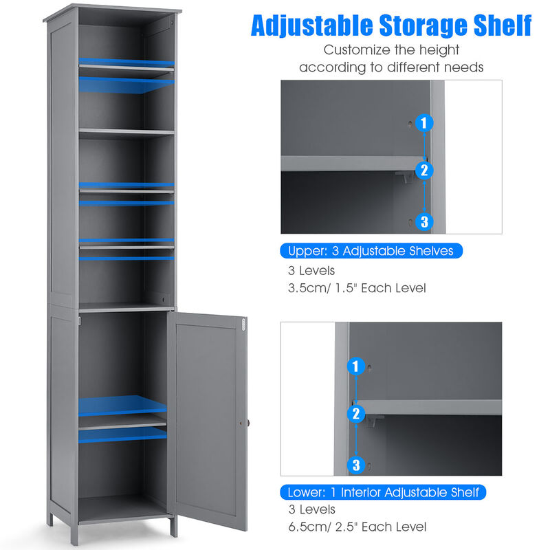 Costway 72''H Bathroom Tall Floor Storage Cabinet Shelving Display Grey