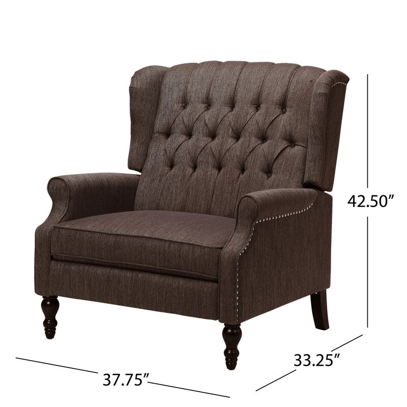 Jade Oversize Wide Chair Manual Recliner, Wingback, Brown Tufted - Benzara