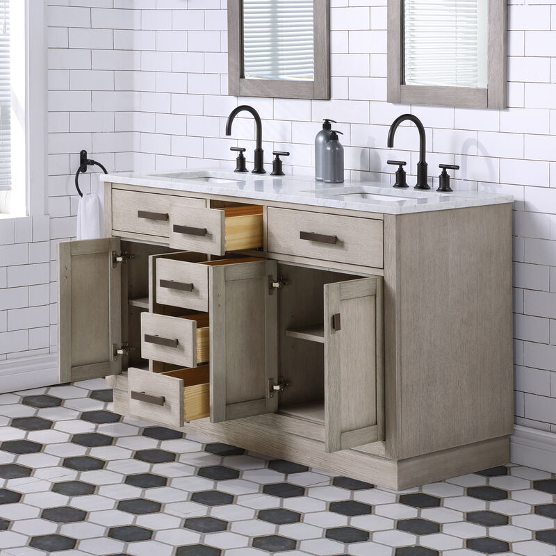 Chestnut 60 In. Double Sink Carrara White Marble Countertop Bath Vanity In Grey Oak with Oil Rubbed Bronze Hardware