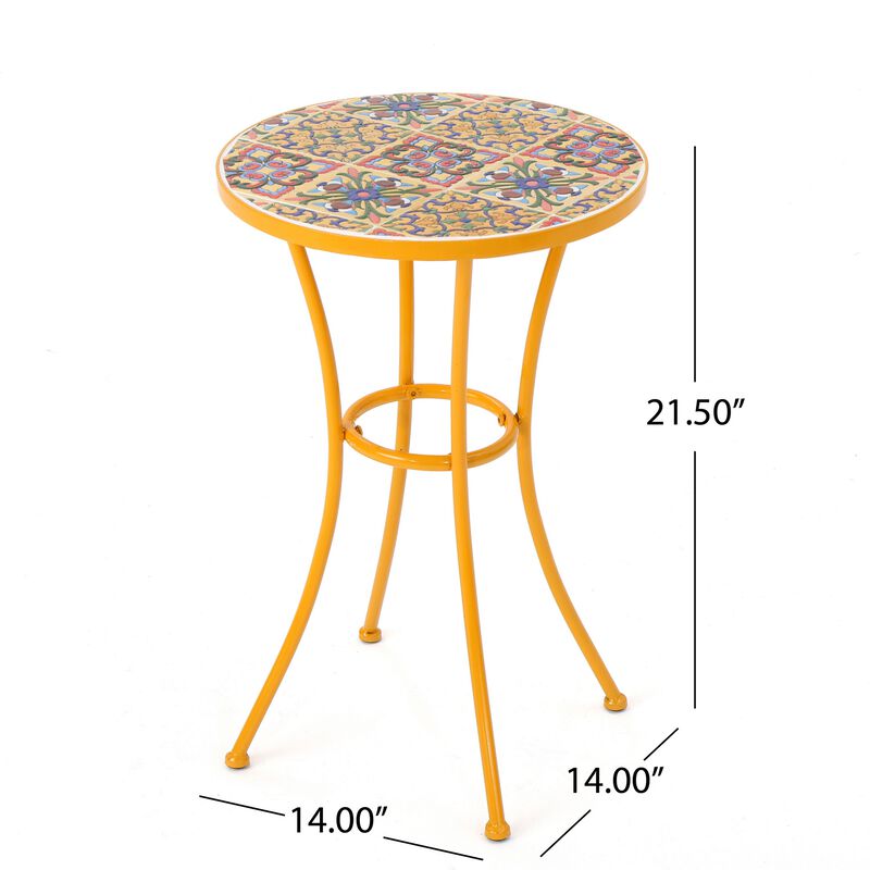 Outdoor Side End Table, 14 Inch Round Yellow Ceramic Tile, Orange Iron - Benzara
