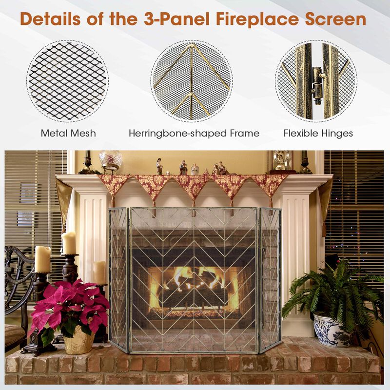 3-Panel Metal Foldable Fireplace Screen with Metal Mesh