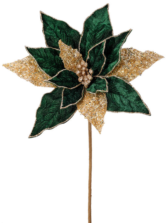 24" Green and Gold Velvet Poinsettia Stem with Glitter (3 PCS)- Elegant Christmas Floral Pick