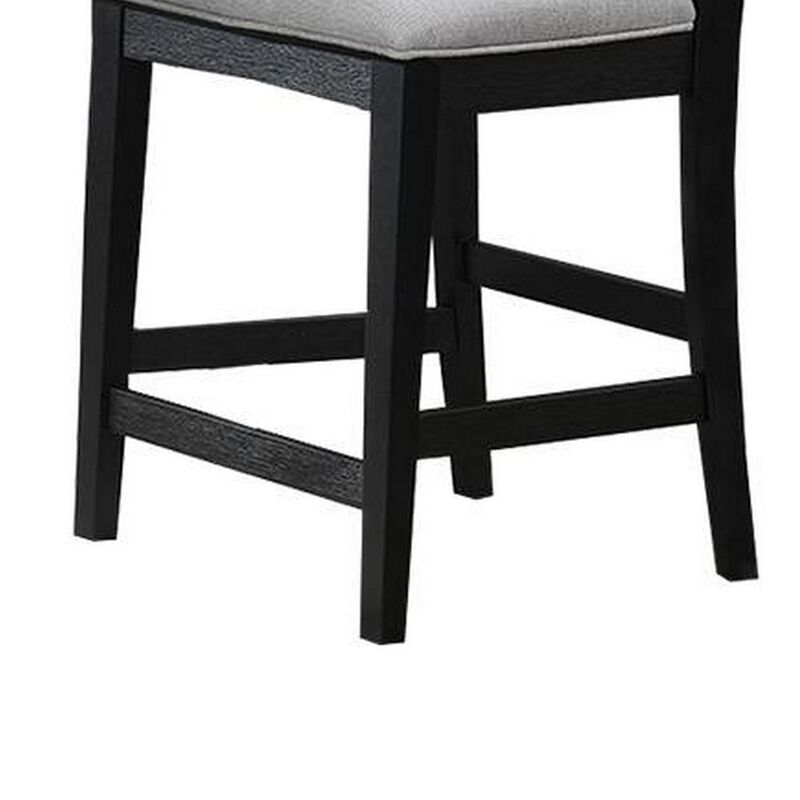 Remus Bar Height Chair, Ladder Back, Black Embossed Wood, Gray Fabric - Benzara