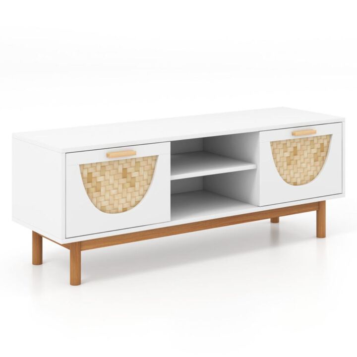 Hivvago Mid Century Modern TV Stand Entertainment Center for 55-Inch TV with 2 Drawers and Bamboo Woven Fronts-White