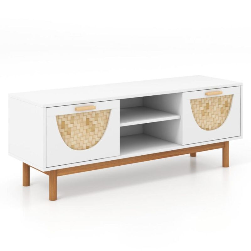 Hivvago Mid Century Modern TV Stand Entertainment Center for 55-Inch TV with 2 Drawers and Bamboo Woven Fronts-White