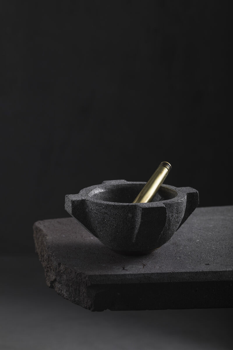 MORTERO Decorative Volcanic Stone Bowl with Aged Bronze Details by ANDEAN, In Stock