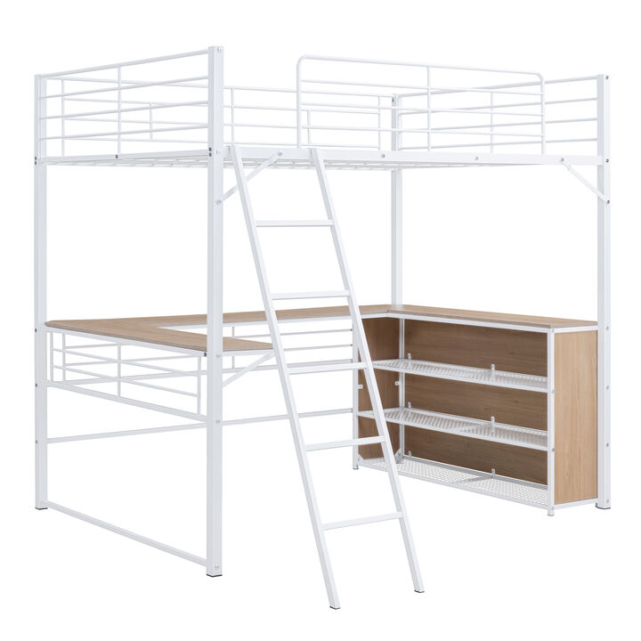 Full Size Metal Loft Bed With 3 Layers Of Shelves And L-Shaped Desk, White