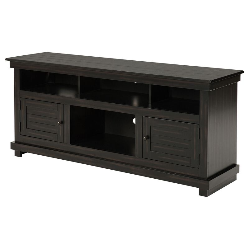 Ayne TV Stand Media Cabinet, 2 Doors and 4 Shelves, Black Wood 60 Inch - Benzara