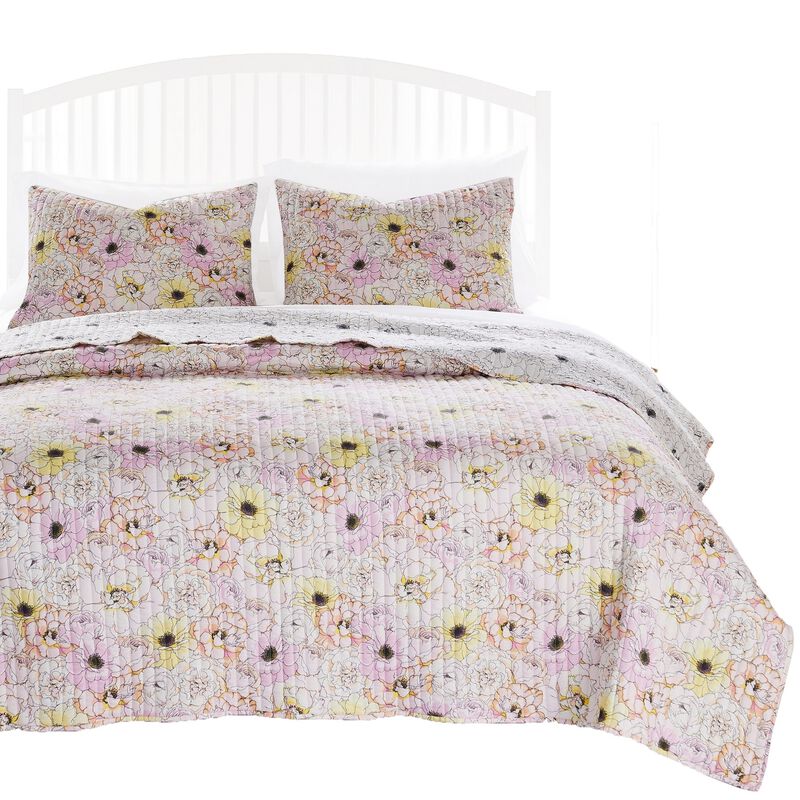 Milan 3 Piece Microfiber Blooming Flower Pattern Queen Quilt Set, White and Pink - Benzara