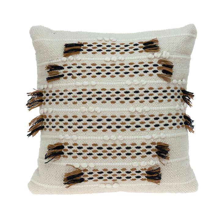 17.75" Beige and Brown Hand Woven Square Throw Pillow