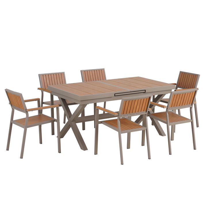 Mondawe Outdoor Patio Garden 7-Piece Extendable Dining Set, With 6 Chairs Flexible Adjustment