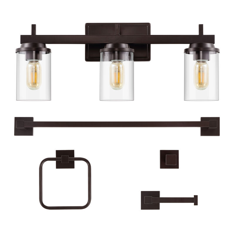 Liam 23.25" 3-Light Farmhouse Industrial Vanity Light with Bathroom Hardware Accessory 5-Piece Set