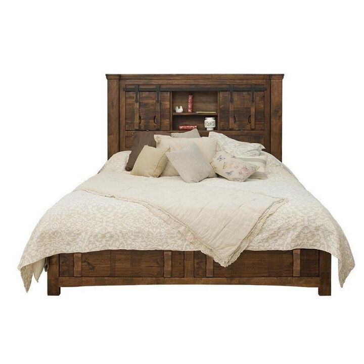 Maye King Size Bed, 2 Drawers, Fixed Shelves, Deep Rustic Brown Finish - Benzara