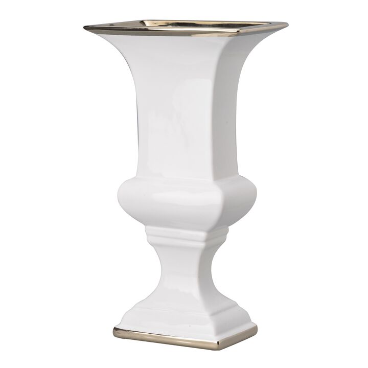 14 Inch Decorative Ceramic Vase, Artistic Turned Urn, White and Gold Rim-Benzara