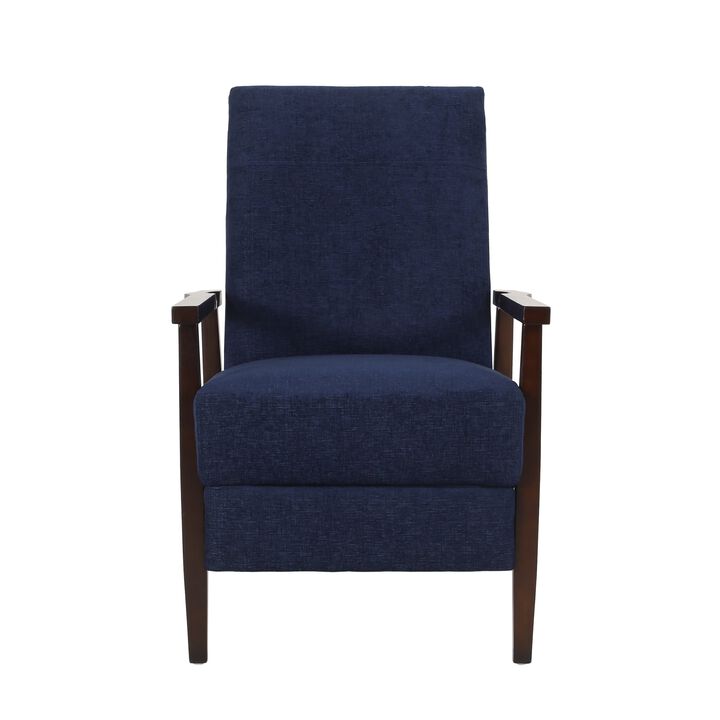 Yahya Manual Recliner Chair, Ergonomic Brown Rubberwood, Navy Blue Fabric - Benzara