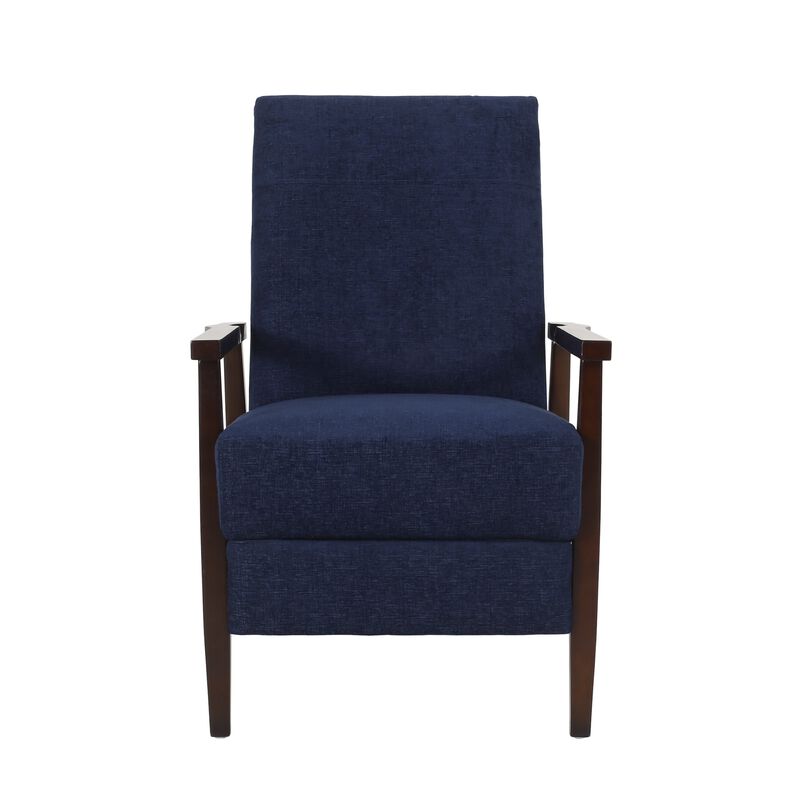 Yahya Manual Recliner Chair, Ergonomic Brown Rubberwood, Navy Blue Fabric - Benzara