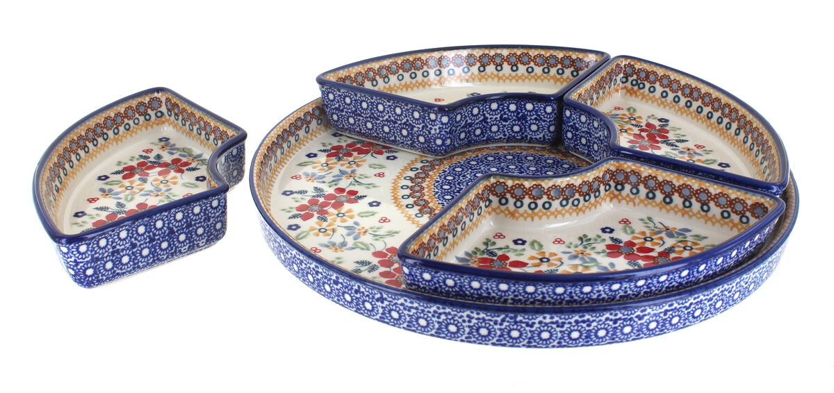Blue Rose Polish Pottery Tulip Tray with 4 Plates