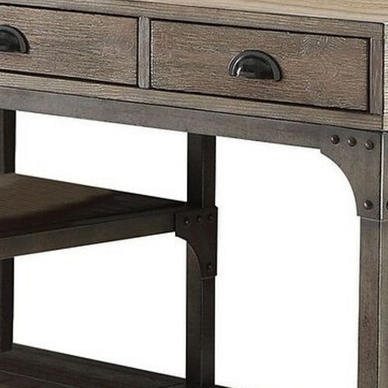 Wood And Metal Desk With Three Drawers And Two Side Shelves, Oak Brown And Gray-Benzara