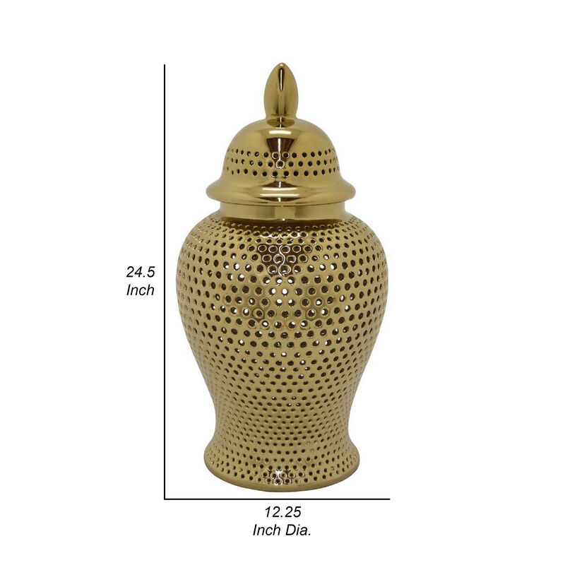 Deni 25 Inch Temple Jar, Large Carved Cut Out Lattice, Lid, Gold Porcelain - Benzara
