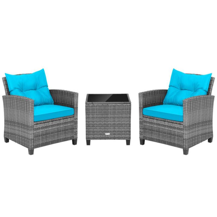 Hivvago 3 Pieces Outdoor Wicker Conversation Set with Tempered Glass Tabletop