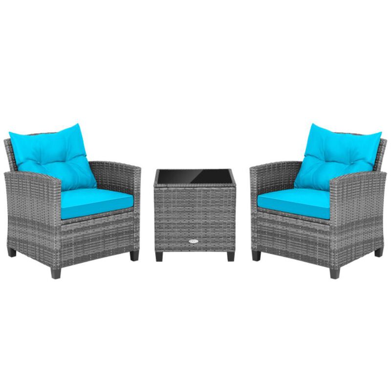 Hivvago 3 Pieces Outdoor Wicker Conversation Set with Tempered Glass Tabletop