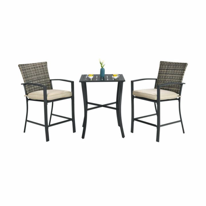 Hivvago 3 Pieces Rattan Bar Furniture Set with Slat Table and 2 Cushioned Stools