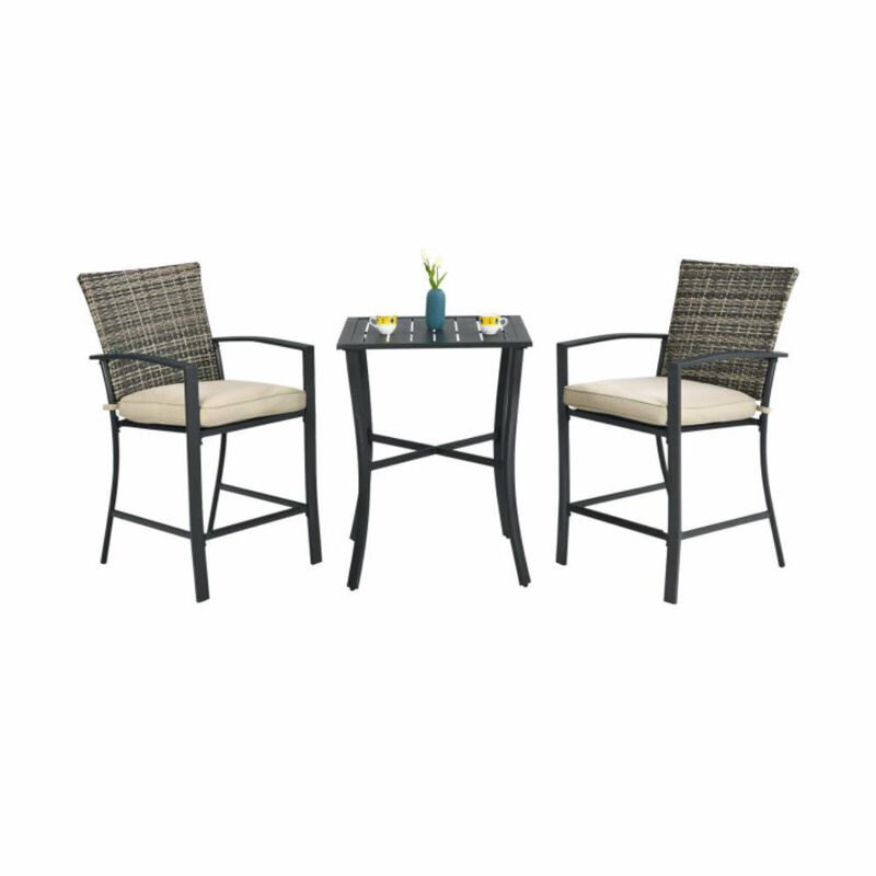 Hivvago 3 Pieces Rattan Bar Furniture Set with Slat Table and 2 Cushioned Stools