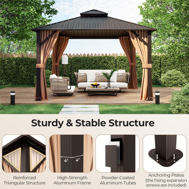 12 x 12 Feet Double-Roof Patio Hardtop Gazebo with Galvanized Steel Roof Netting and Curtains-Coffee