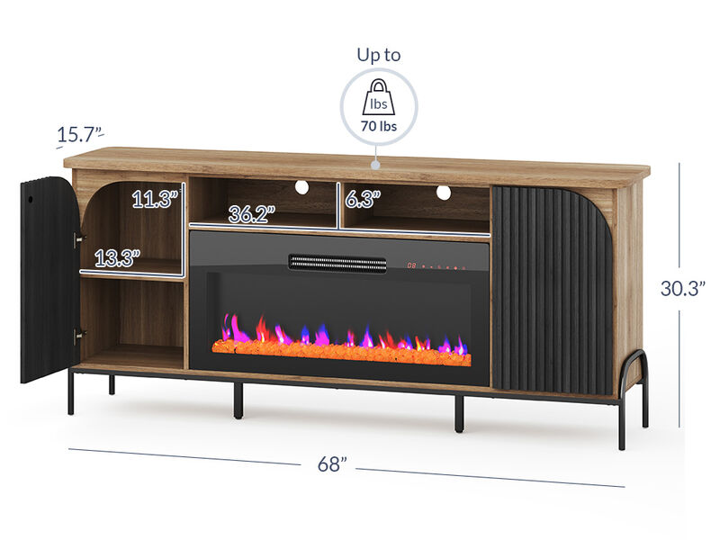 BELLEZE 68 Inch Fluted TV Stands with 36" Electric Fireplace,?Modern Fluted Entertainment Center with Open Storage Shelves& Cabinets, Media Console TV Cabinet For Living Room Bedroom (Camel)