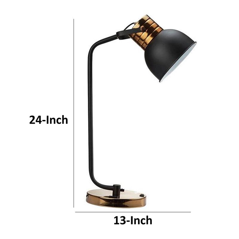 Benjara 24 Inch Table Lamp, Angled Stem, Round Base, Metal, Black, Antique Gold