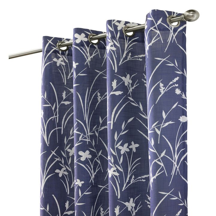 Commonwealth Bradford Floral Printed Top Panel With 8 Matt Silver Grommets - 52"x95" - Blue