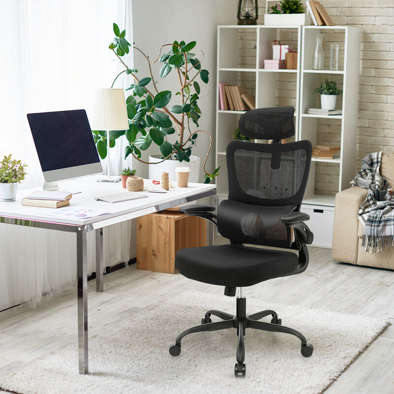 Mesh Office Chair with Adaptive Lumbar Support  Flip-up Armrests  Reclining Backrest-Black