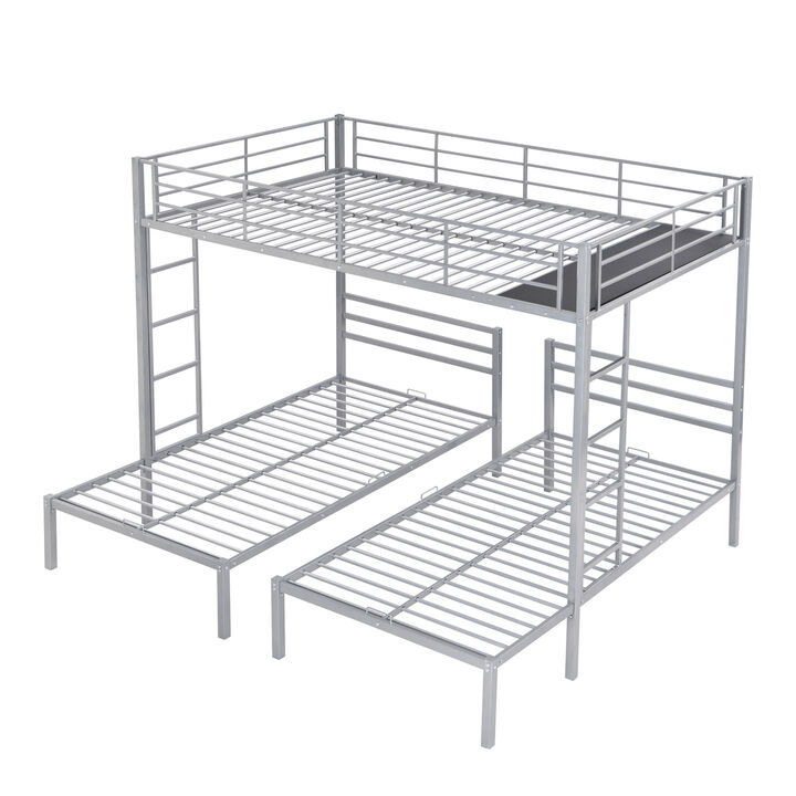 Full Over Twin&Twin Size Bunk Bed With Built-In Shelf, Silver