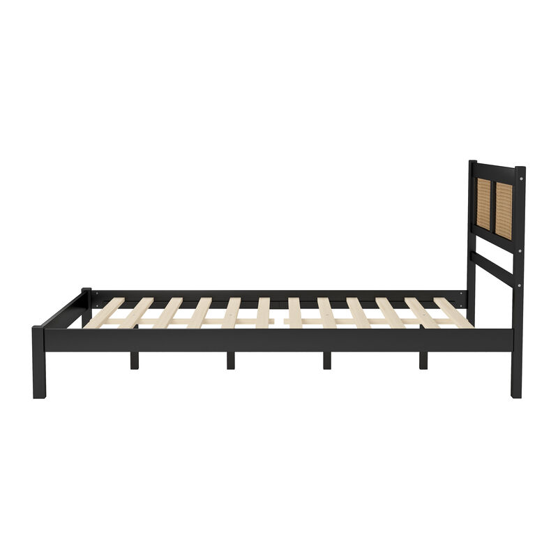 Merax Wood Platform Bed with Natural Rattan Headboard