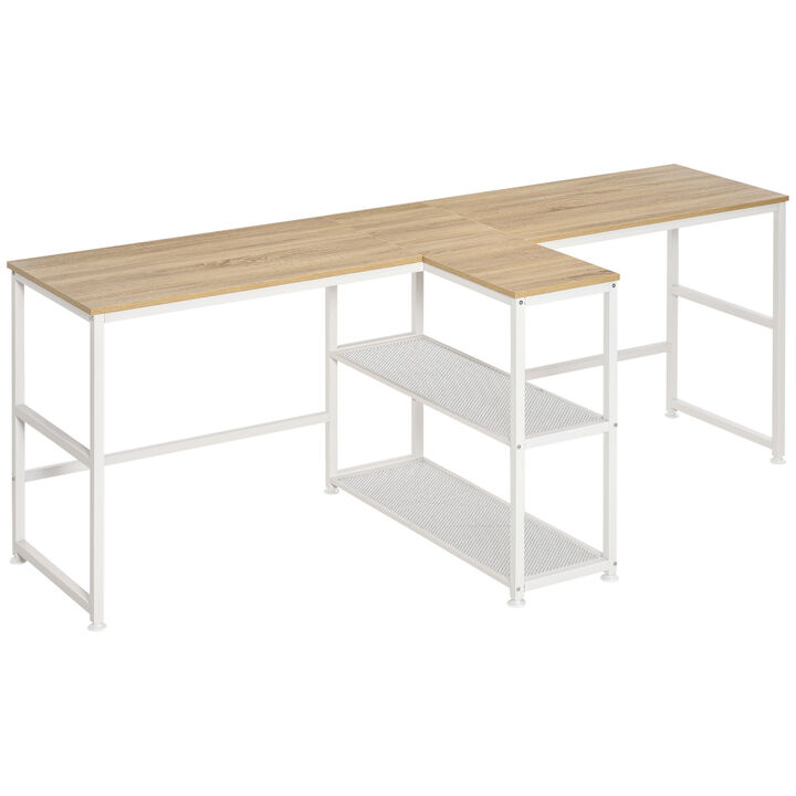 HOMCOM 83" Two Person Computer Desk with 2 Storage Shelves, Double Desk Workstation with Book Shelf, Long Desk Table for Home Office, Natural