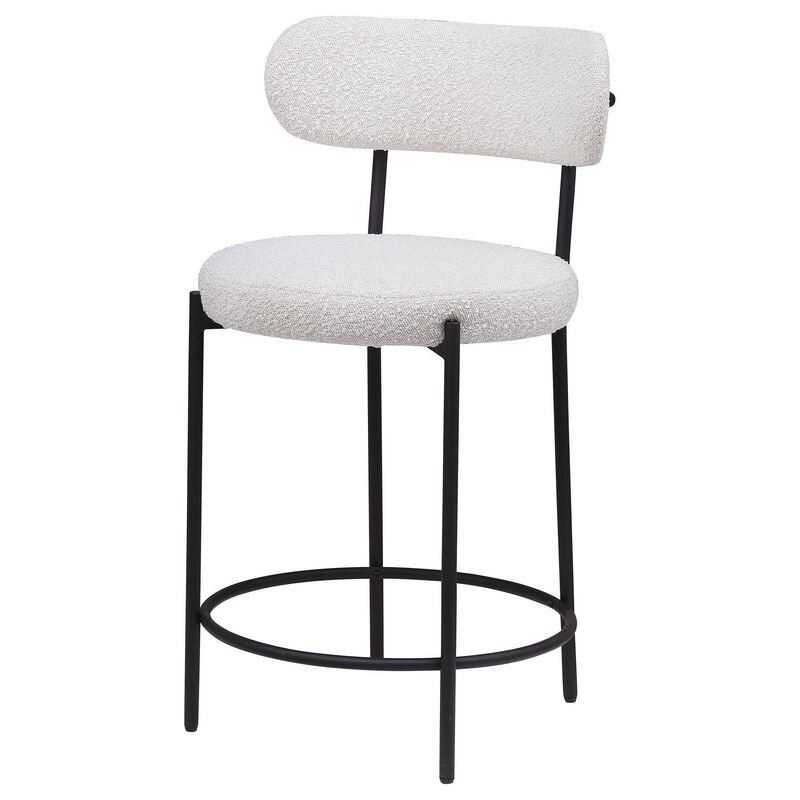 Winona Counter Height Chair Set of 2, White Boucle, Black Metal 25in - Benzara