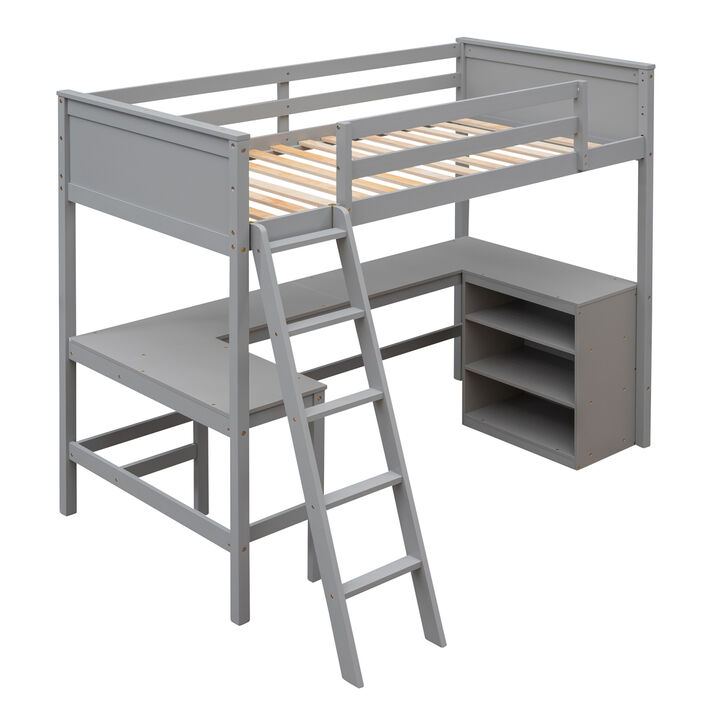Twin Size Loft Bed With Shelves And Desk, Wooden Loft Bed With Desk