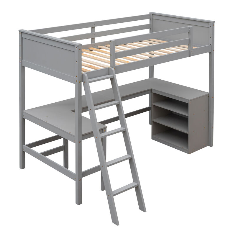 Twin Size Loft Bed With Shelves And Desk, Wooden Loft Bed With Desk