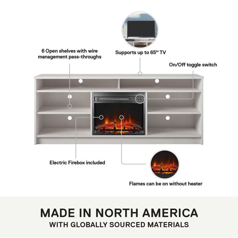 Hendrix 65" TV Stand with Electric Fireplace Insert and 6 Shelves, Ivory Oak