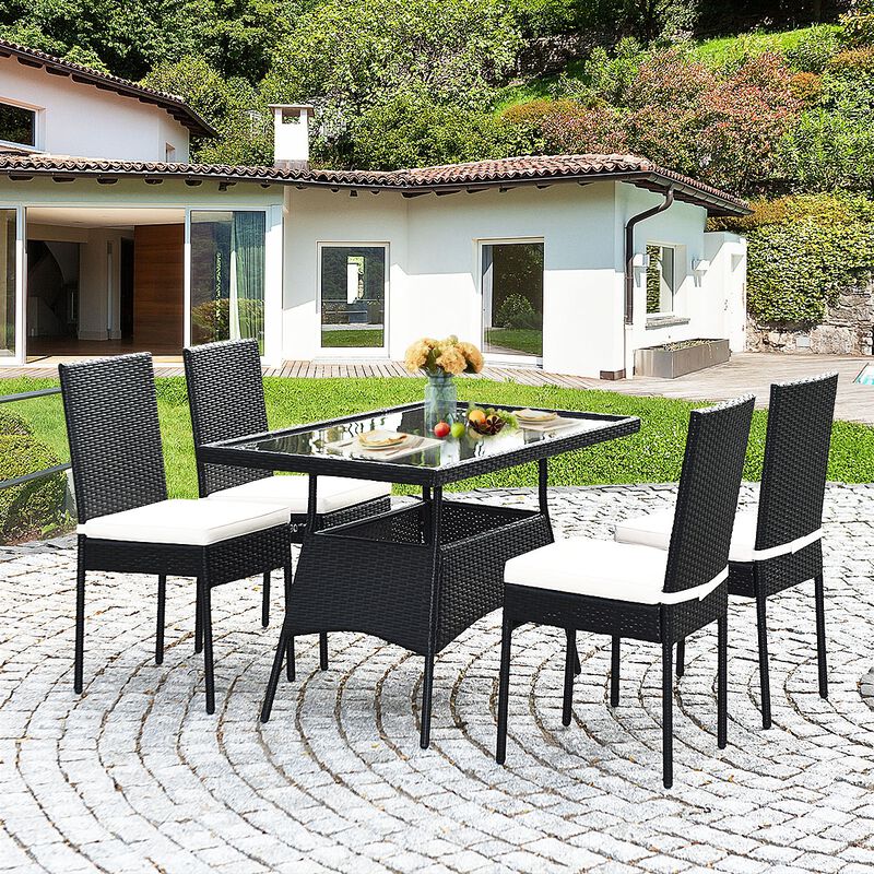 5 Pieces Rattan Dining Set with Glass Table and High Back Chair