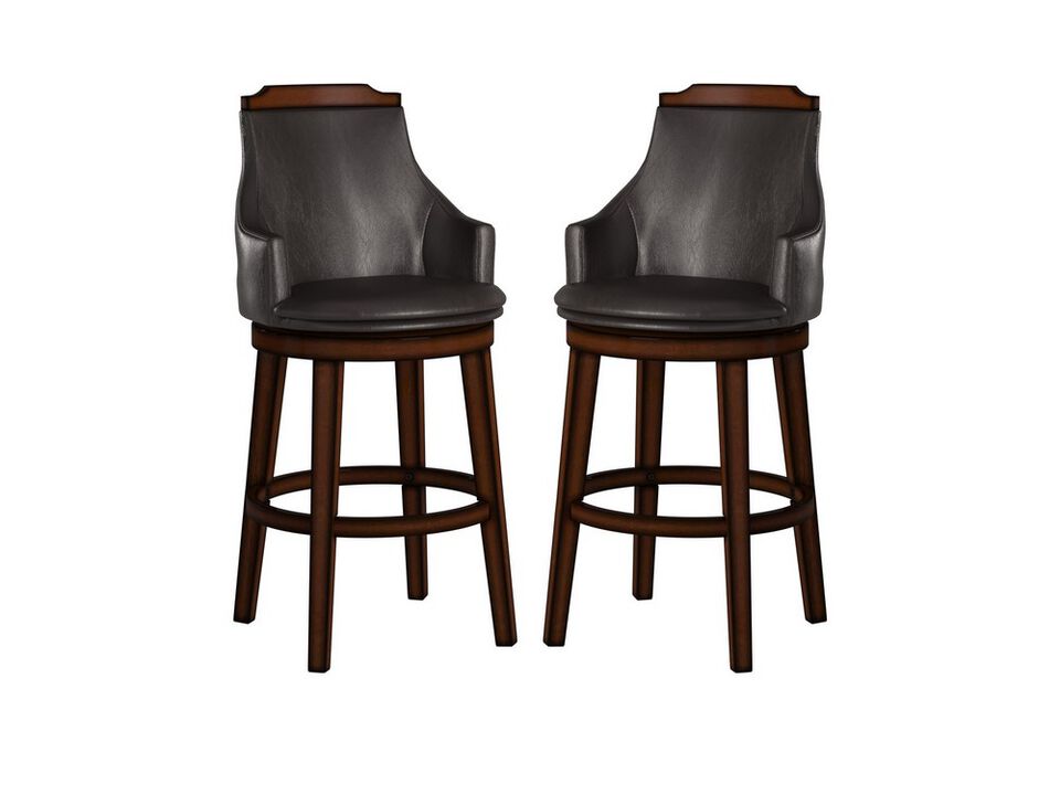 Wood & Leather Bar Height Chair with Swivel Mechanism, Oak Brown & Black, Set of 2 - Benzara