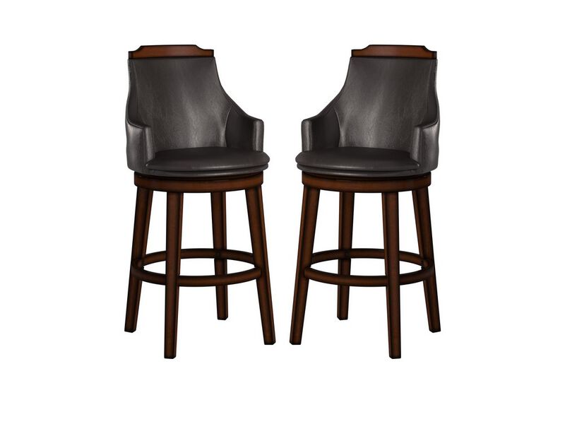 Wood & Leather Bar Height Chair with Swivel Mechanism, Oak Brown & Black, Set of 2 - Benzara